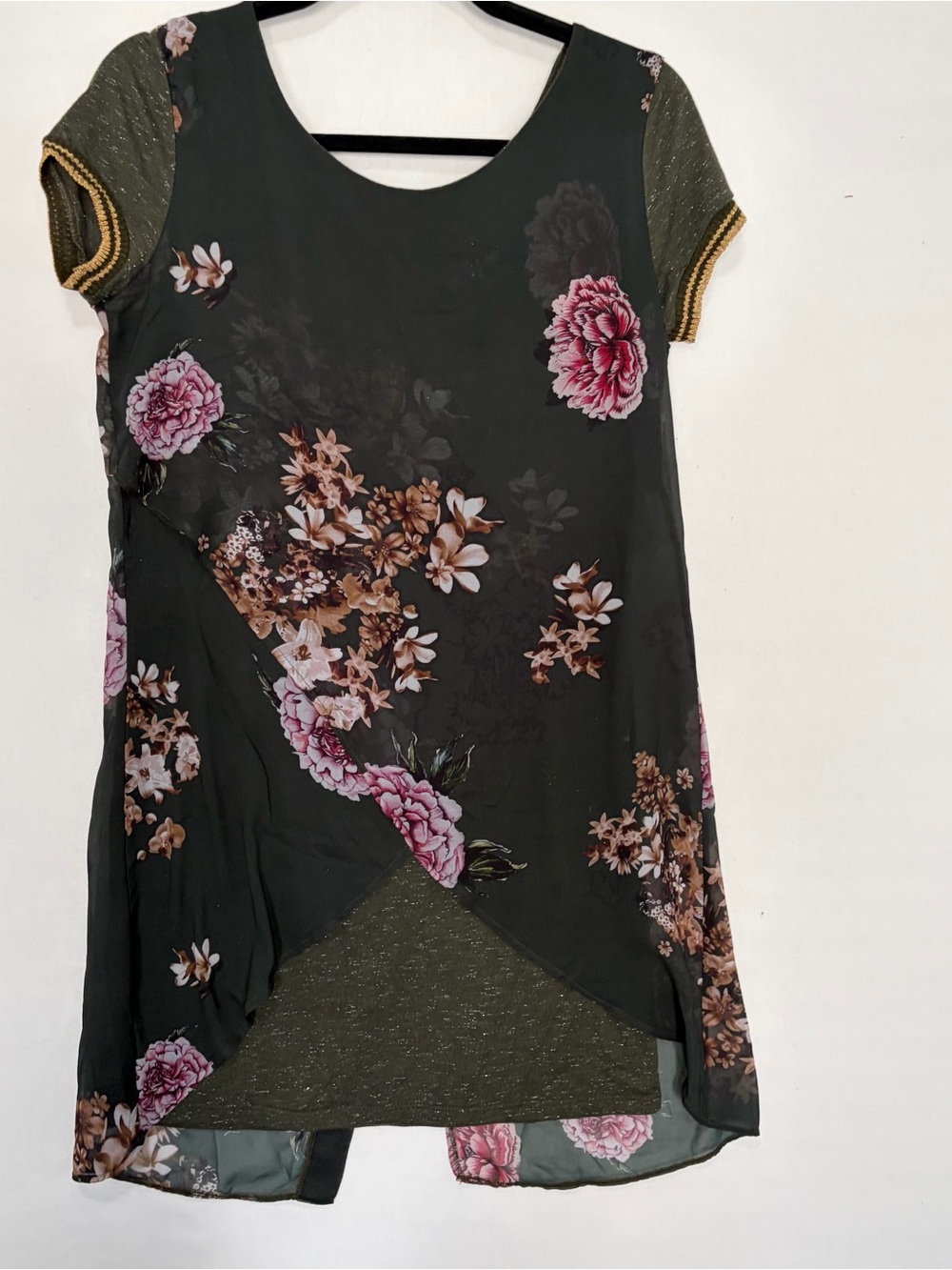 Desigual asymmetric floral chiffon overlay Dress metallic knit Women’s Size 38